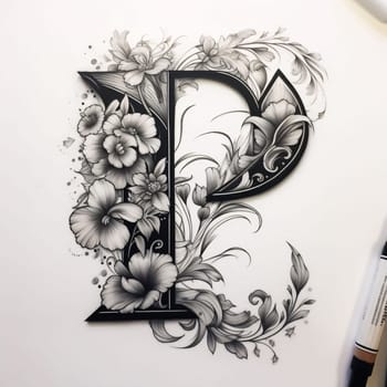 Graphic alphabet letters: Luxury floral letter P with flowers and leaves, hand-drawing