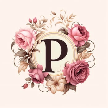 Graphic alphabet letters: Vintage letter P with floral frame. Vector illustration for your design