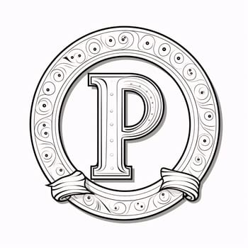 Graphic alphabet letters: Vintage letter P in silver circle frame with ribbon. Vector illustration.