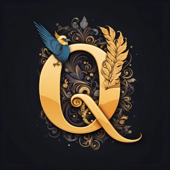 Graphic alphabet letters: Letter Q with a bird in the style of Baroque.