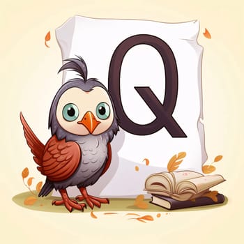 Graphic alphabet letters: Illustration of a letter Q with a cute owl and a book
