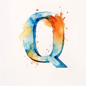 Graphic alphabet letters: Q letter with watercolor paint splashes, hand-painted font