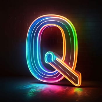 Graphic alphabet letters: Neon Q letter on brick wall background. 3D illustration.