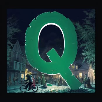 Graphic alphabet letters: Digital composite of Q letter in front of night city. 3D rendering