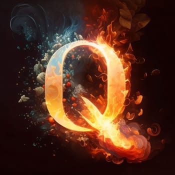 Graphic alphabet letters: Burning letter Q in the fire. 3D rendered illustration.
