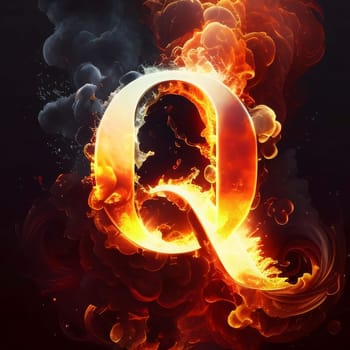 Graphic alphabet letters: Flaming letter Q in the smoke. 3D illustration.