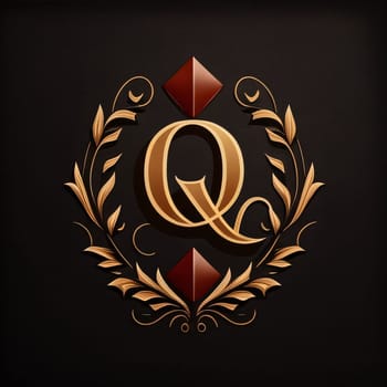 Graphic alphabet letters: Golden letter Q in a laurel wreath on a black background.