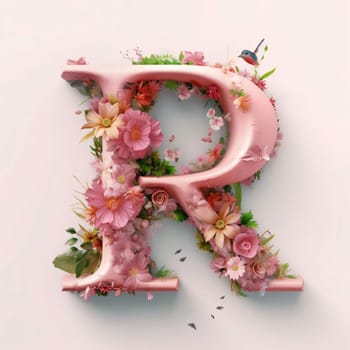 Graphic alphabet letters: Alphabet letter R decorated with flowers and birds. 3D rendering