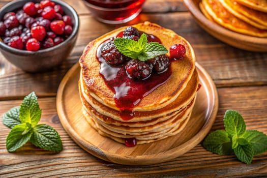 Pancakes with raspberry jam, raspberries, and mint leaves on a wooden background. Ai generated image