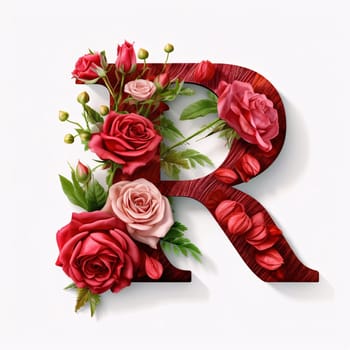 Graphic alphabet letters: Letter R with red roses on white background. 3D illustration.