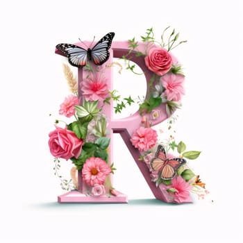 Graphic alphabet letters: Alphabet letter R with flowers, leaves and butterfly isolated on white background