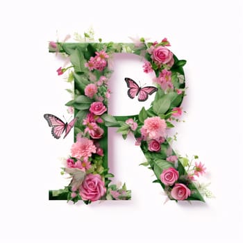 Graphic alphabet letters: Alphabet letter R made of pink flowers and butterflies isolated on white background