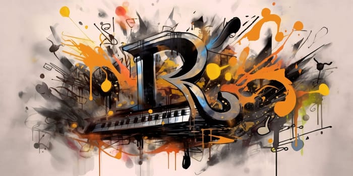 Graphic alphabet letters: Digital illustration of a music background with musical notes and the letter R