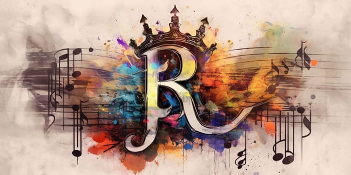 Graphic alphabet letters: Abstract colorful music note with king crown on watercolor illustration painting background.