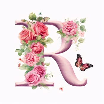 Graphic alphabet letters: Letter R decorated with roses, leaves and butterflies, isolated on white background