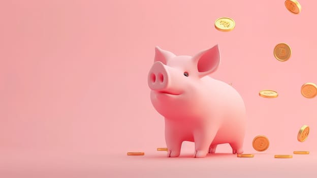 A pig with gold coin dropping, Gold coins drop down to a pink piggy, 3D illustration minimalistic style.