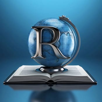 Graphic alphabet letters: Globe and letter R on a book. 3d render.