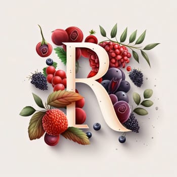Graphic alphabet letters: Letter R made of fresh berries and leaves. Vector realistic illustration.