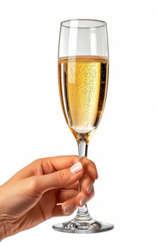 A hand holding a glass of champagne. The glass is half full and the bubbles are rising to the top. Concept of celebration and enjoyment