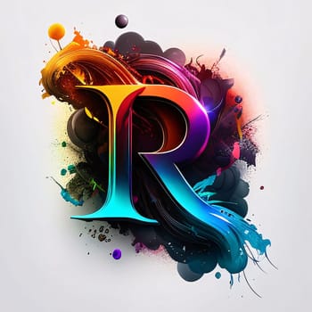 Graphic alphabet letters: Colorful paint splashes with R letter, 3d illustration.