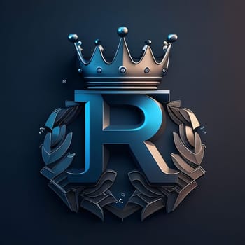 Graphic alphabet letters: 3d rendering of letter R in the form of a shield with crown