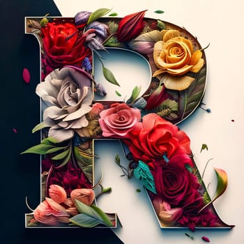 Graphic alphabet letters: Letter R made of flowers. Floral alphabet. 3d rendering