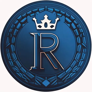 Graphic alphabet letters: Initial letter R with crown, 3d render, square image.