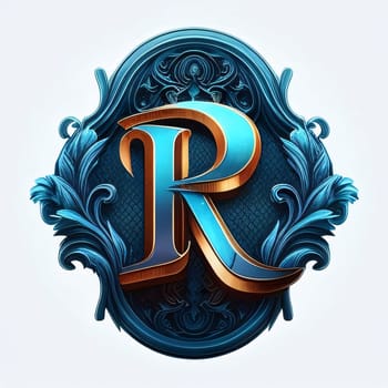 Graphic alphabet letters: letter R with baroque ornament, vintage style, blue and gold