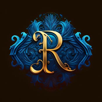 Graphic alphabet letters: Vintage letter R with floral ornament in blue and gold colors.