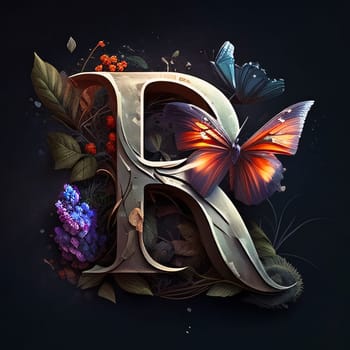 Graphic alphabet letters: Beautiful letter R with butterflies and flowers. 3D illustration.