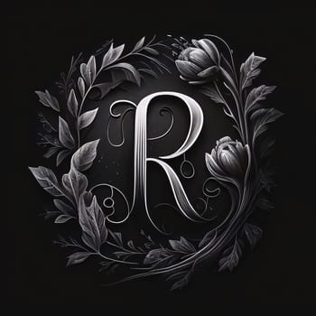 Graphic alphabet letters: Hand drawn letter R in floral frame on black background. Floral monogram.