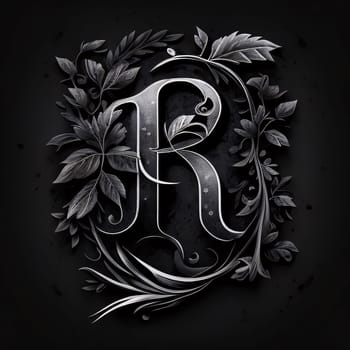 Graphic alphabet letters: Vintage monogram with floral ornament. Letter R. Black background.