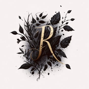 Graphic alphabet letters: Black and gold letter R with black leaves and watercolor splashes