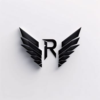 Graphic alphabet letters: Letter R logo with black wings on white background. 3d rendering