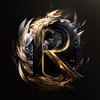 Graphic alphabet letters: Black and gold 3d letter R with fire flames on black background