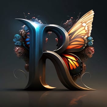 Graphic alphabet letters: Letter R with butterfly and flowers. 3D illustration. Black background.