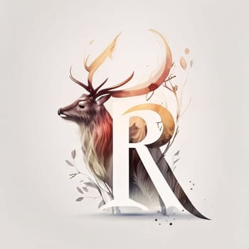 Graphic alphabet letters: Creative letter R with deer head, watercolor painting, vector illustration.