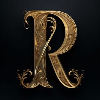 Graphic alphabet letters: Golden capital letter R in the style of Baroque. 3D illustration