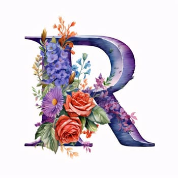 Graphic alphabet letters: Capital letter R with watercolor flowers and leaves isolated on white background