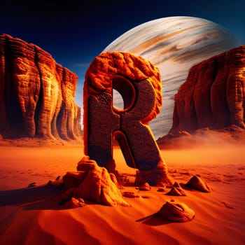 Graphic alphabet letters: Rock letter R in the desert. 3D illustration. Fantasy landscape.