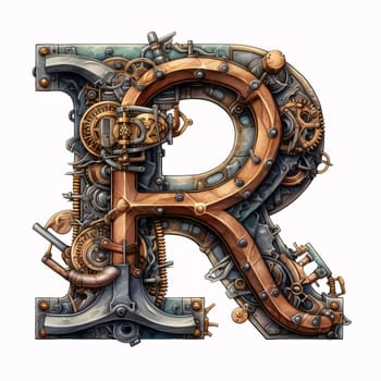 Graphic alphabet letters: Mechanical alphabet made from gears and cogwheels. Letter R