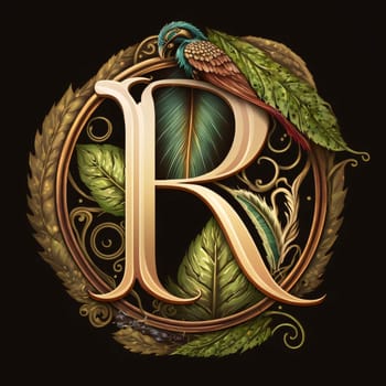 Graphic alphabet letters: Letter R with peacock feather and laurel wreath. Vector illustration.