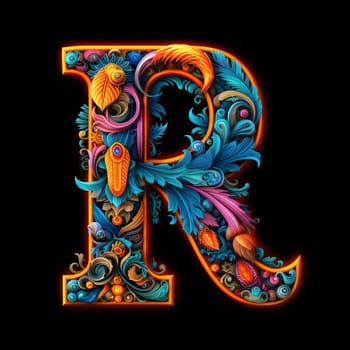 Graphic alphabet letters: Colorful letter R with floral ornament on black background. Vector illustration