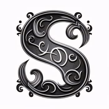 Graphic alphabet letters: decorative 3d letter S with swirls in black and white