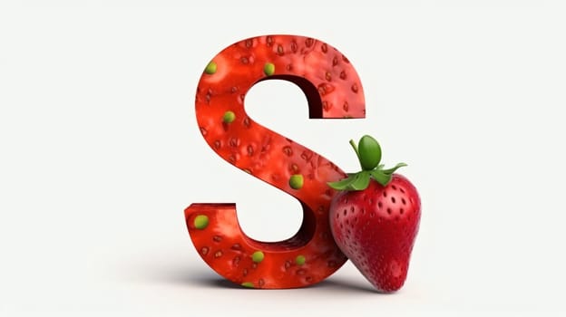 Graphic alphabet letters: Strawberry letter S, fresh fruit 3D rendering isolated on white background