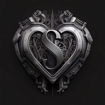 Graphic alphabet letters: Metal heart with letter S in the center. 3D rendering.