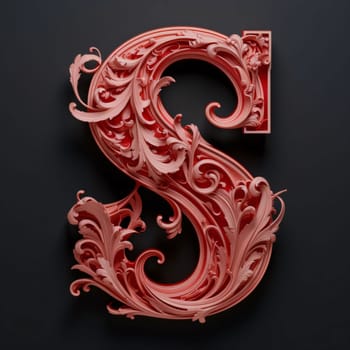 Graphic alphabet letters: 3d render of decorative capital letter S made of red wood on black background