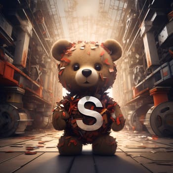 Graphic alphabet letters: 3d rendering of teddy bear with dollar sign on warehouse background