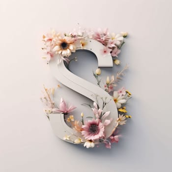 Graphic alphabet letters: Floral capital letter S. 3D render. Floral font.