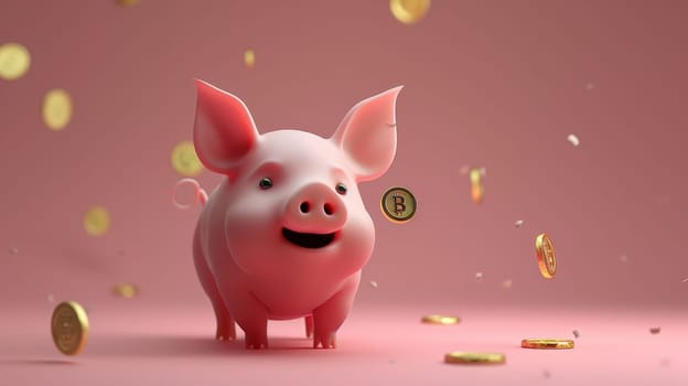 A pig with gold coin dropping, Gold coins drop down to a pink piggy, 3D illustration minimalistic style.